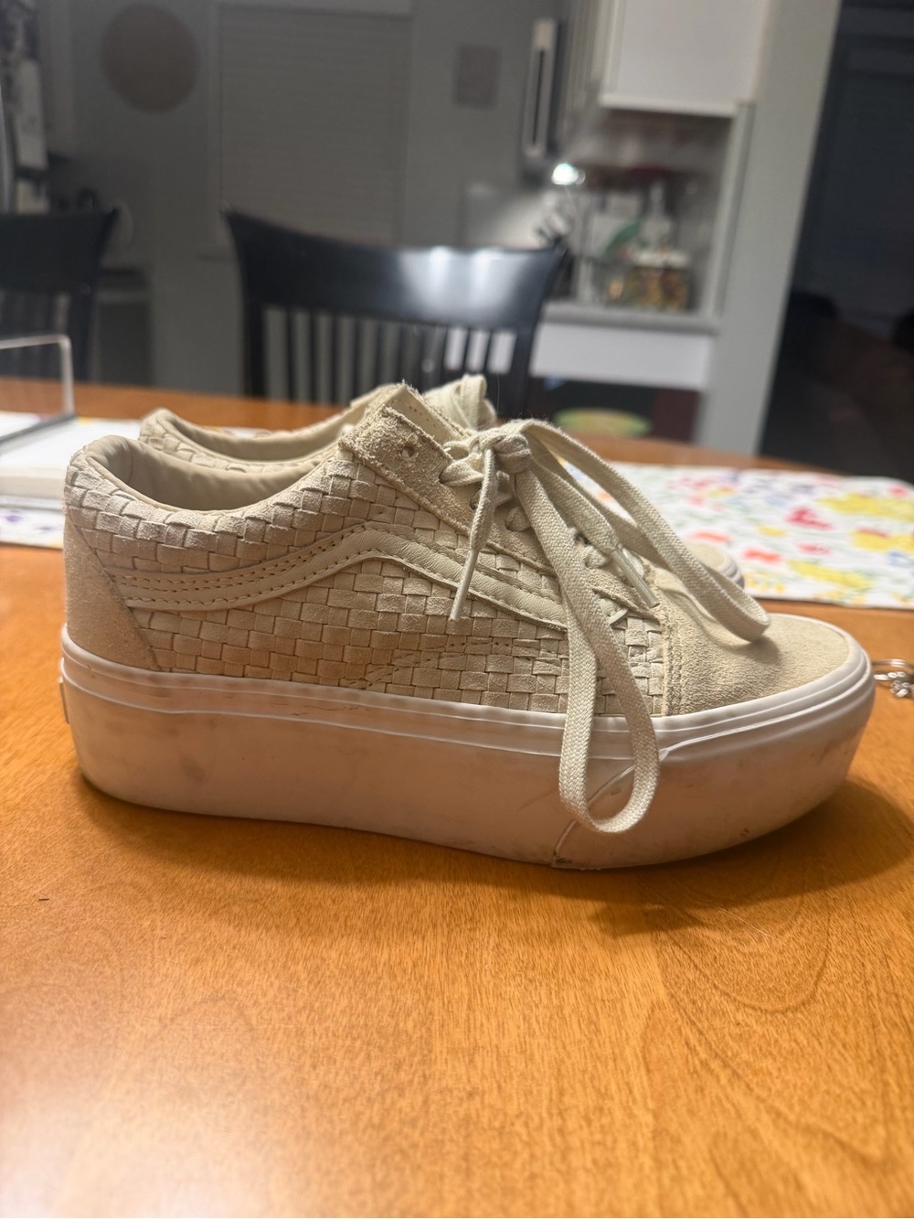 Vans Cream Woven Platform Lace-Up Sneakers